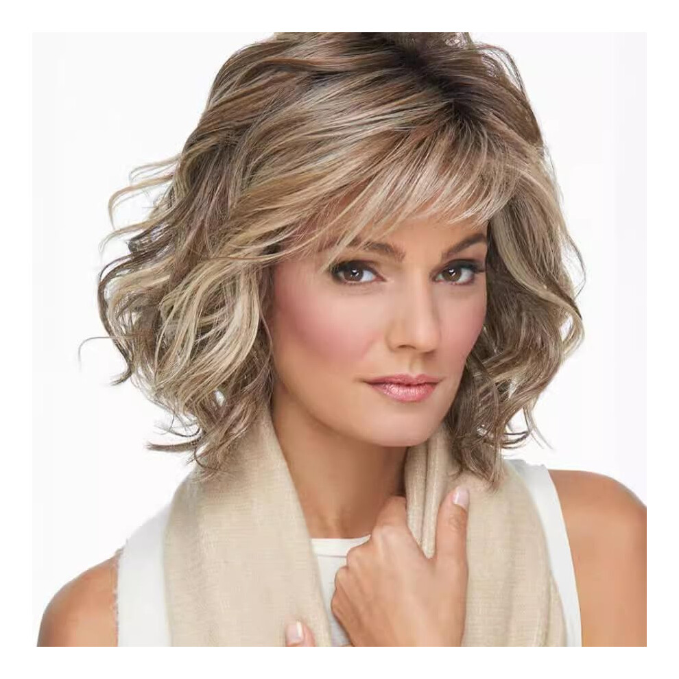 Unisex White Short Ombre Blonde Curly Wig With Bangs Pixie Cut Layered Style For Women Synthetic Hair Wig Daily Use
