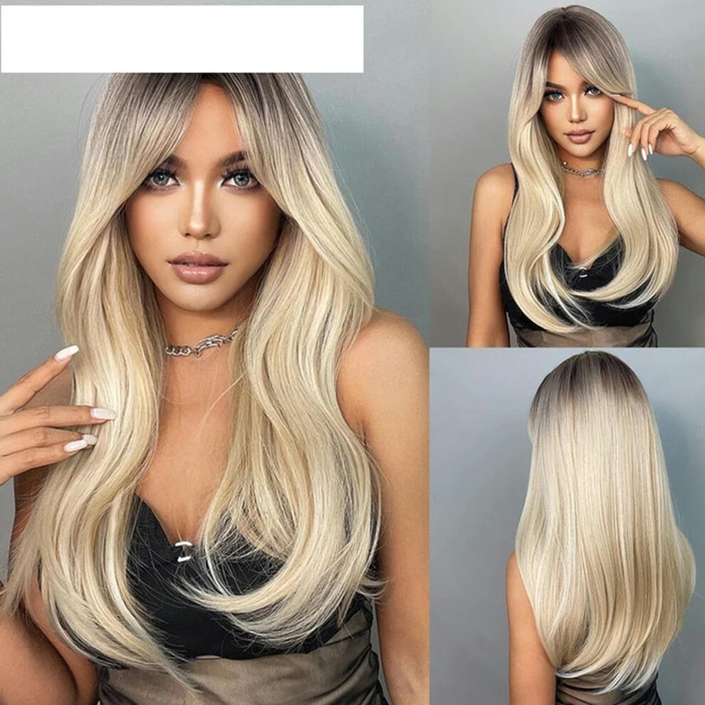 Unisex Brown Ombre Blonde Long Straight Synthetic Wigs With Bangs Cosplay Wig For Women Heat Resistant