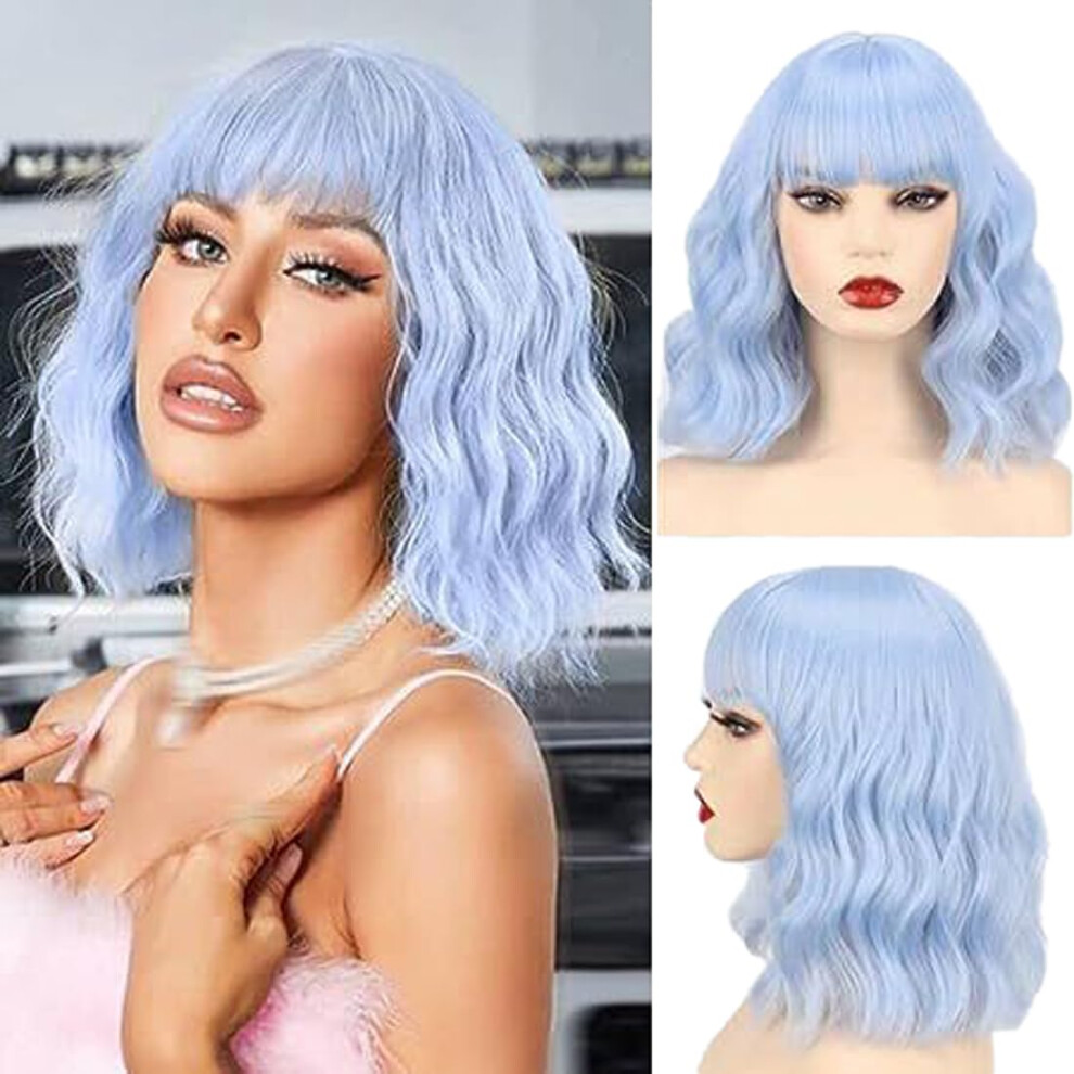 Unisex 30 Cm Short Wave Bob Wig For Women Synthetic Curly Wavy Hair With Bangs For Cosplay Party Costume Wig