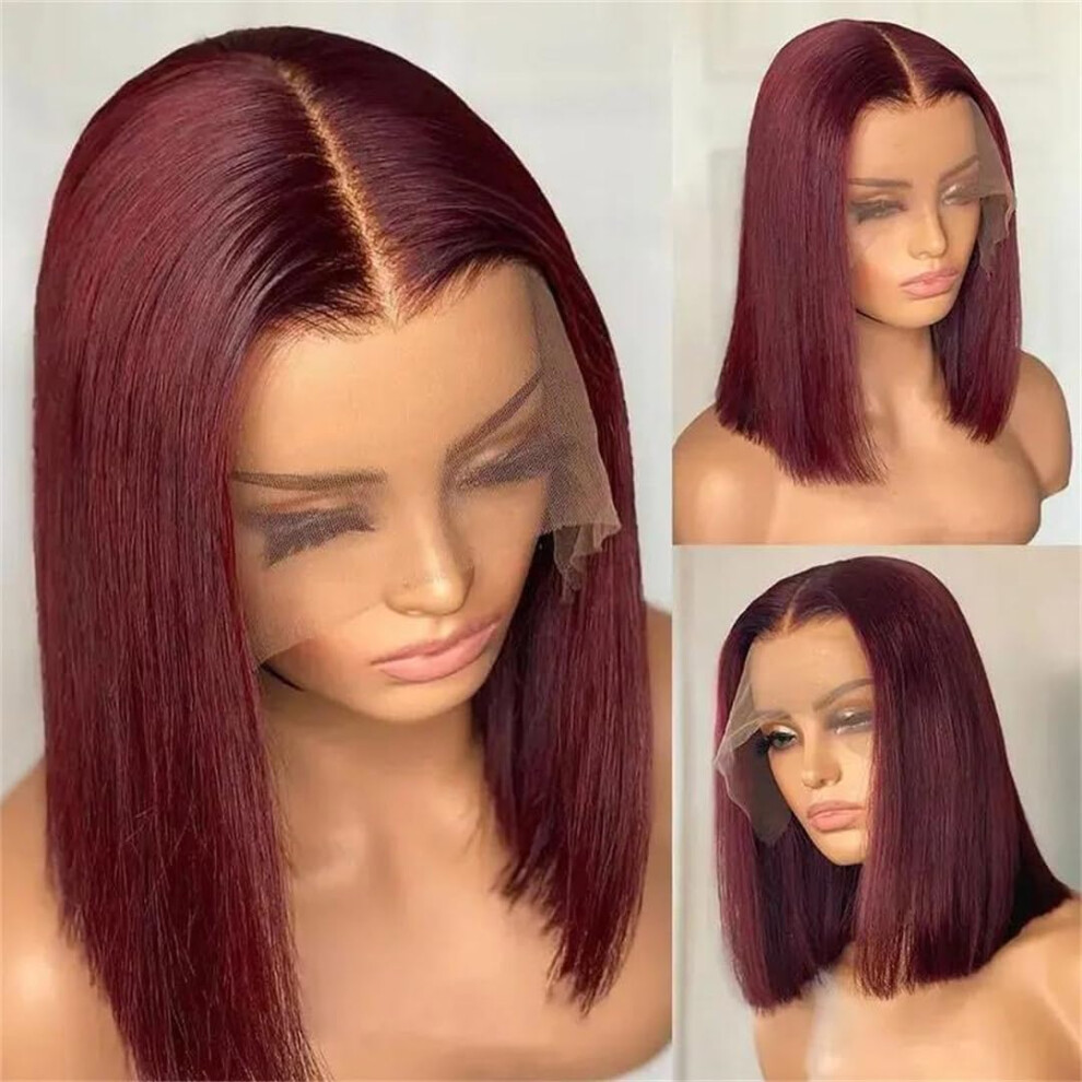 Unisex Black,Red Short Bob Wig Human Hair 16Inch 13X5x1 Full Frontal Dark Red Burgundy Bone Straight Blunt Cut For Black Woman