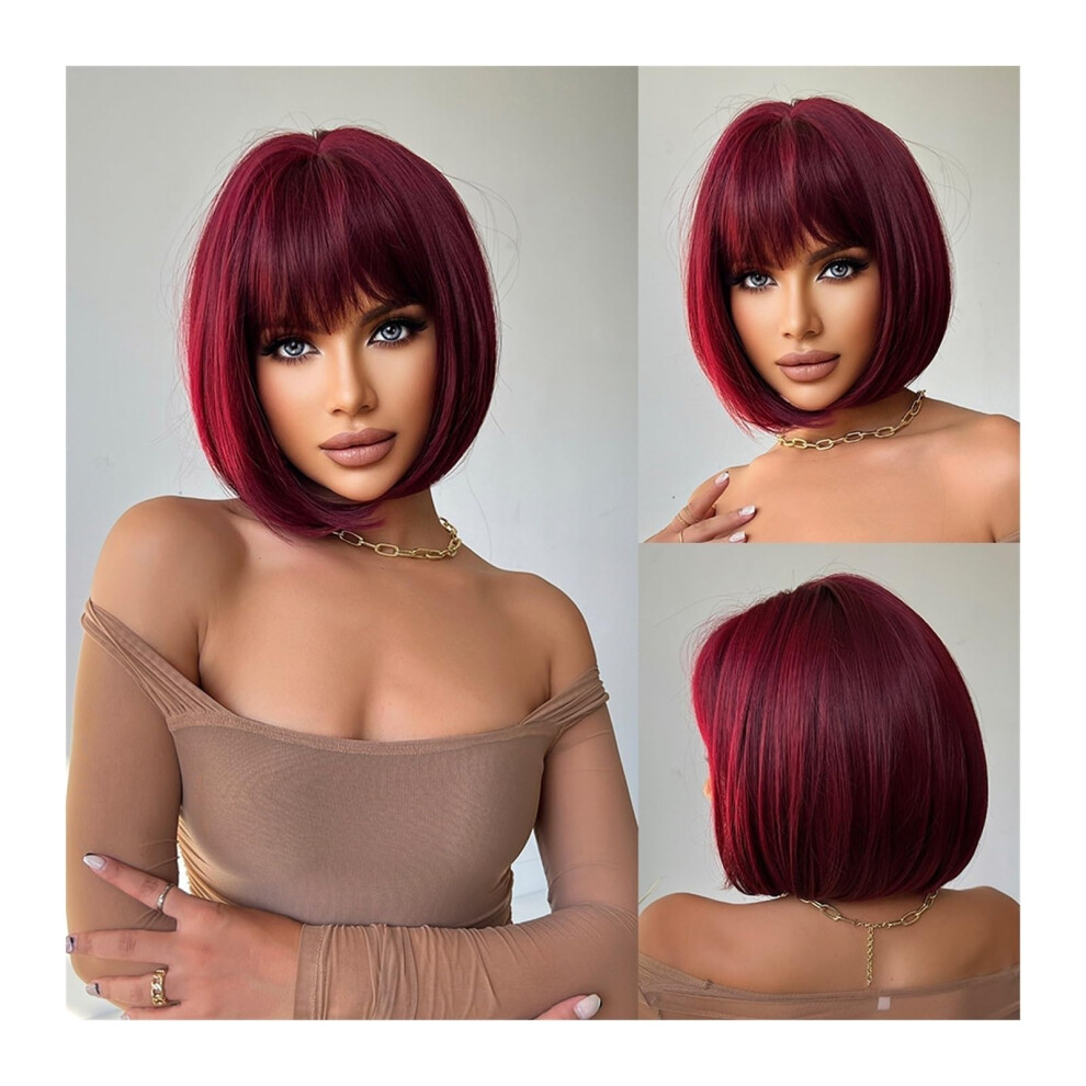 Wig For Women Natural With Bangs Short Bob Synthetic Wig HeatResistant Christmas Red Color Halloween Cosplay