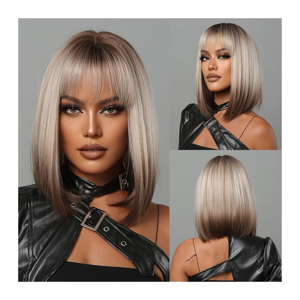 Unisex Brown,Grey Wig For Women Heatresistant Synthetic Bob Wig With Bangs, Short Grey Straight, Blonde Ombre Brown Ash, Color Lc20671