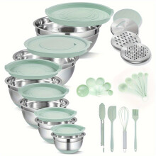 (Mint Green) 29 PCS (6 PCS mixing bowl 6 PCS lid 3 PCS grater 14 PCS baking tools)Stainless Steel Non-slip Silicone Bottom Mixi