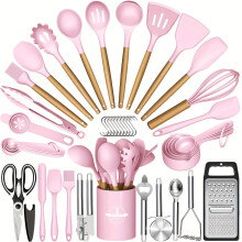 (Pink) 44pcs Silicone & Stainless Steel Non-Stick Cookware Set with Ergonomic Black/Yellow Non-Slip Handle - Complete Kitchen U