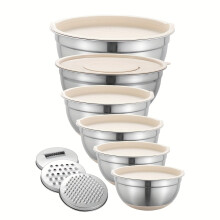 (Khaki) 6pcs, Stainless Steel Mixing Bowl Set (0.95L-6.5L) With Airtight Lids & 3 Grater Attachments - Non-Slip Base,