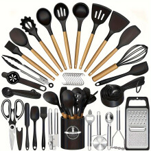 (Black) 44pcs Silicone & Stainless Steel Non-Stick Cookware Set with Ergonomic Black/Yellow Non-Slip Handle - Complete Kitchen U