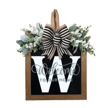 Eucalyptus- en jute-strikdesign, seizoensgebonden deurdecoratie, landelijke decoratie voor het hele jaar, gepersonaliseerde naamkrans, hout, geschikt