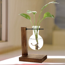 Jardinieră vintage din sticlă, suport retro din lemn masiv pentru hidroponică, terariu de birou cu vază din sticlă borosilicată de calitate,
