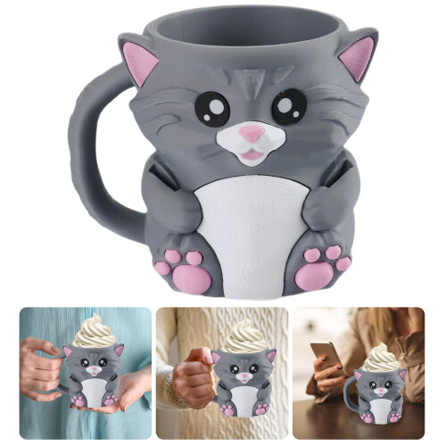 Decorative Animal Theme Ice Cream Container-Cat gray With spoon 2