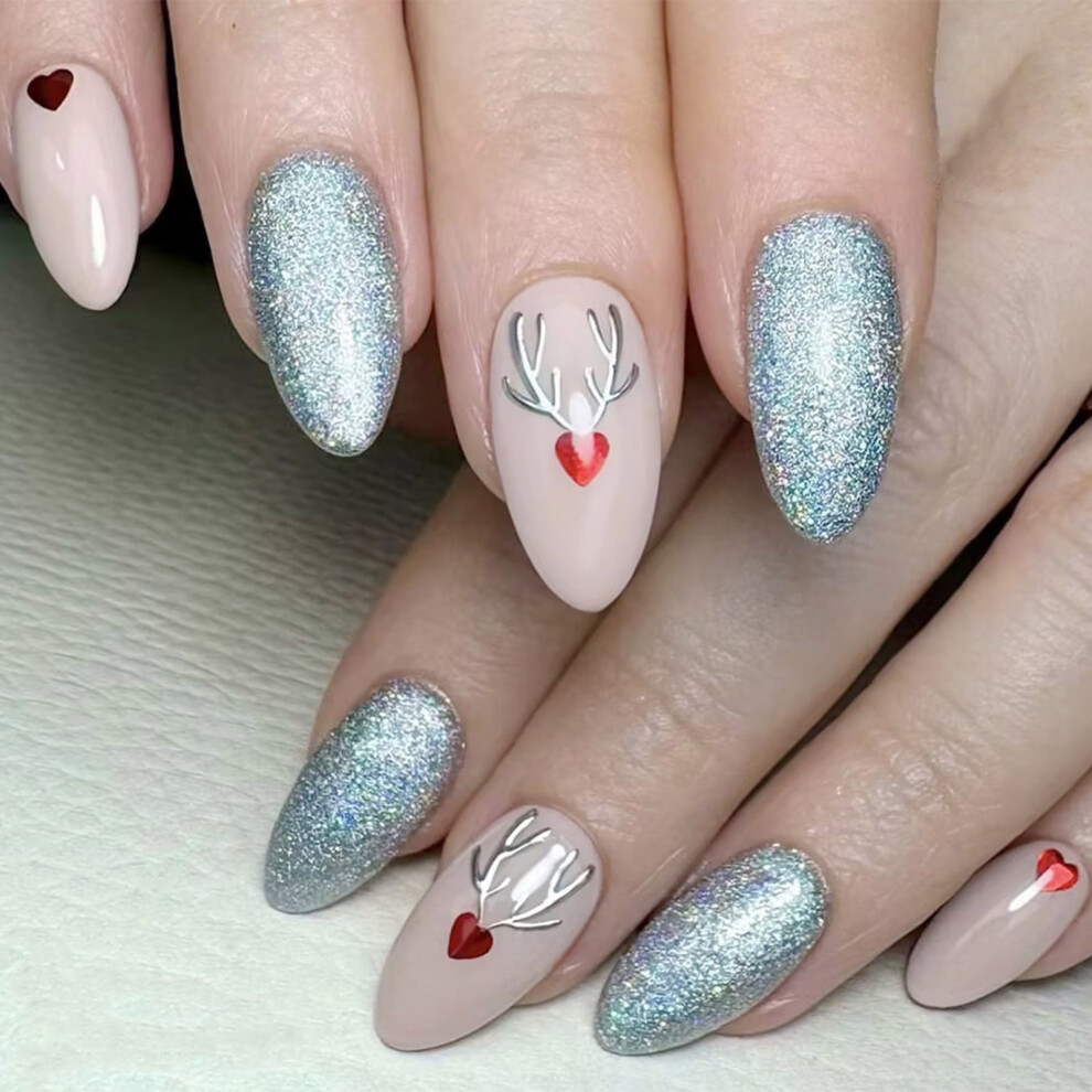 24x Christmas False Nails Medium Almond Press On Nails Full