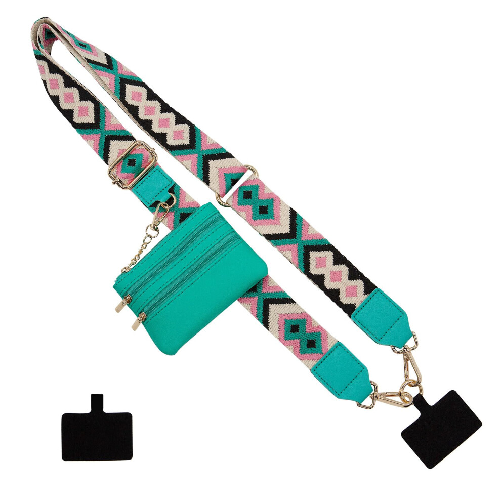 Phone Strap Crossbody With Zipper Wallet, Adjustable Universal Cellphone Lanyard, Antitheft Neck Lanyard, Rhombus Green 9105992408641