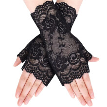 Women's Lace Gloves, Lace Floral Pattern, Fingerless Tulle Gloves, Black One Size, Wedding Opera Prom Tea Party