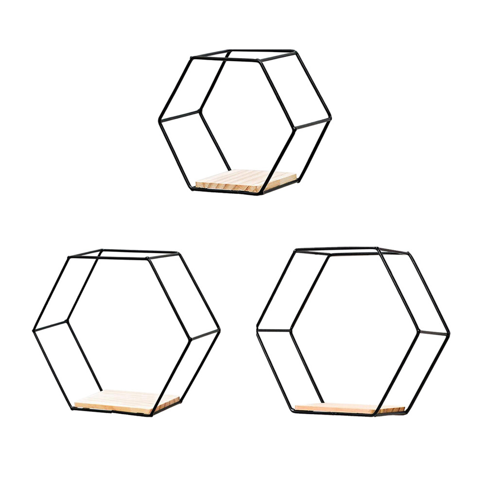 Gold Metal Frame Shelves, Wooden Floating Hexagon Shelves With Modern Chic Style Decorative Shelves For Any Room, Set Of 3 Size 9094122204102