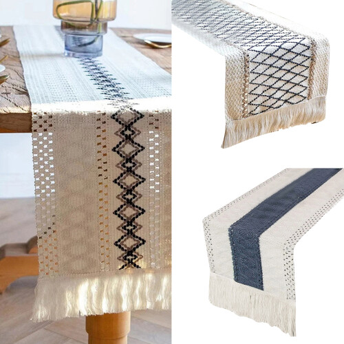 Exquisite Table Runner Cotton Linen and  Tasseled-Blue 2 1
