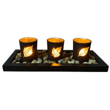Wooden Candle Holder Tray With Decorative Pebbles And Glass Tea Light Cups Elegant Home Centerpiece For Holiday Party Wedding Decoration Warm Atmosphe