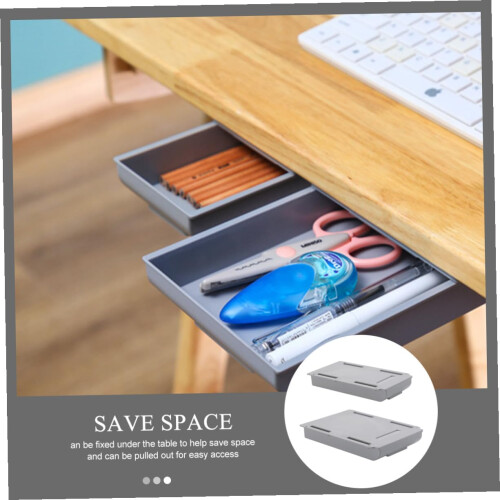 SelfAdhesive Under Desk Drawer Organizer Gray 2Pack Plastic PullOut Hidden Storage No Drill Installation 1