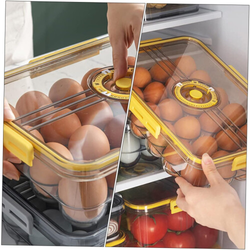 Egg Holder 18Compartment Yellow Timekeeping Waterproof Household Egg Storage Box With Bracket For Refrigerator Use 1