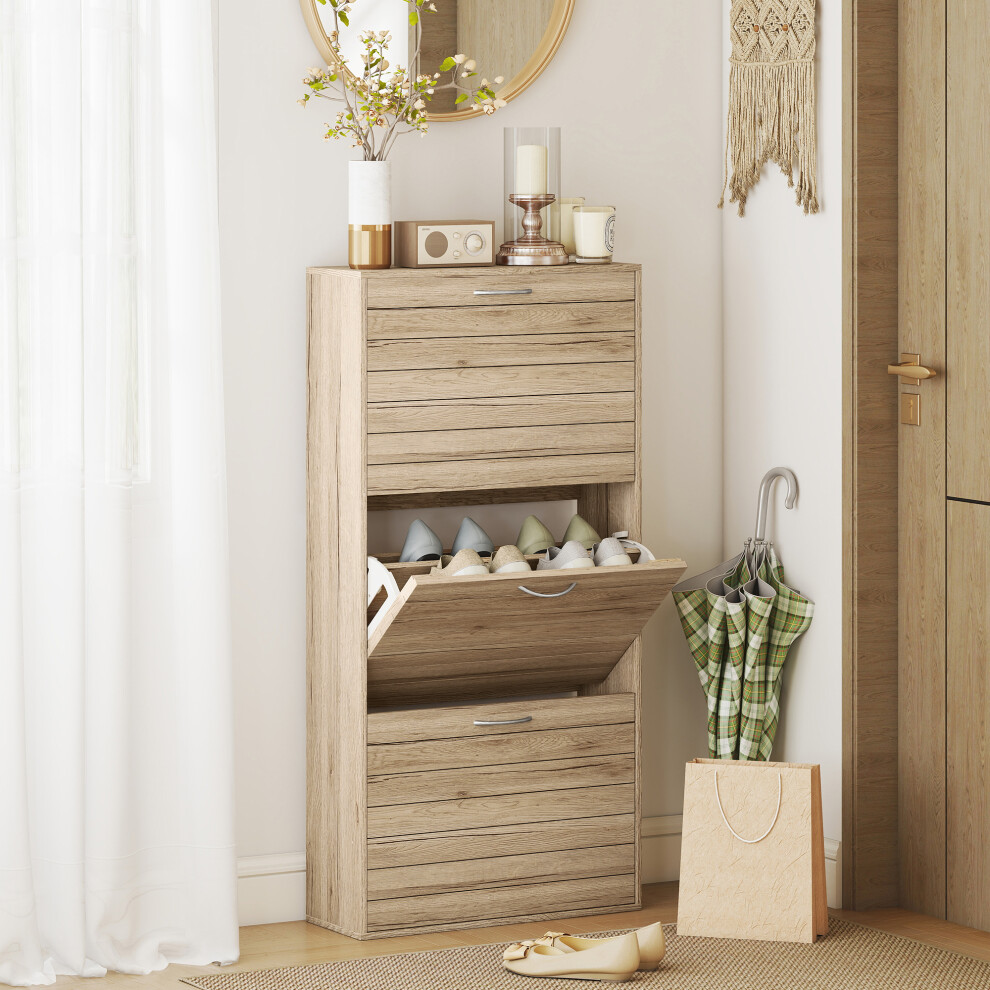 Homcom Unisex Light Oak Slim Shoe Storage Cabinet With 3 Flip Drawers, Oak Wood Grain In - Image 3