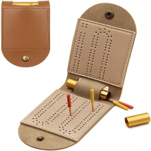 Cribbage Board Set Leather Finish Travel Portable Two Track Storage Tank Included