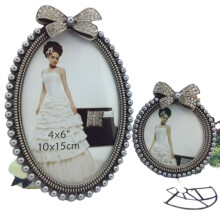 Vintage Victorian Decor, 4x6 Inch Antique Silver Metal Frame With Clear Glass Front, Rhinestone Bow And Pearls Embellishments, Timeless Design For Wal