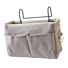 Nightstand Hanging Bag Cotton Linen Bedside Organizer With Pockets And Metal Bracket For Bunk Beds Dorm Rooms Grey
