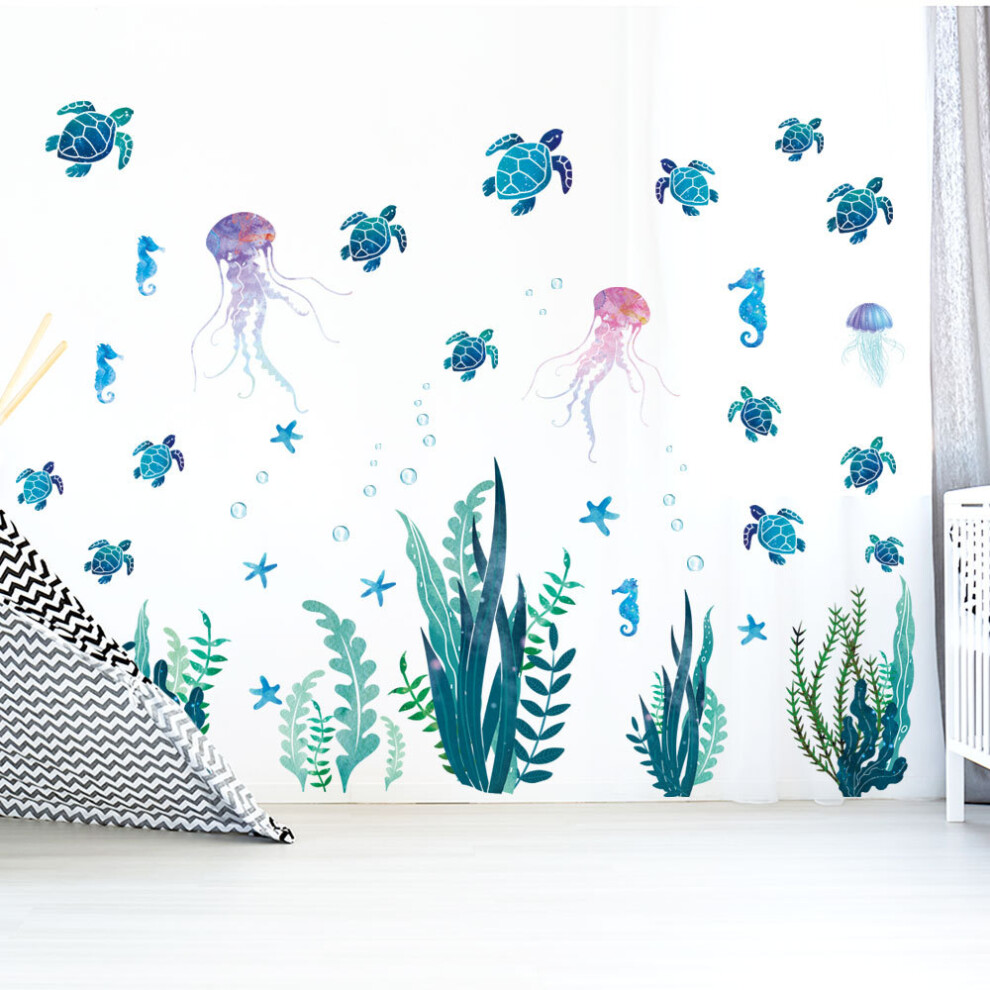 Underwater World Decals, Glow In The Dark Sea Creatures Peel Stick Decoration, Waterproof Ocean Themed Wall Art For Kids Rooms