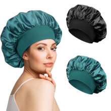 Gorro de dormir de satén de 2 piezas, con rizos de seda, transpirable, ajustable, suave y de satén para mujeres y niñas (negro y azul)