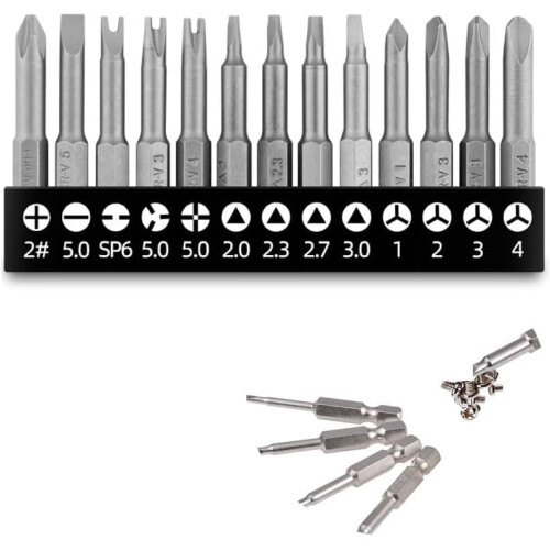 13-piece triangular screwdriver bit set with magnetic hex shank. Ideal for screwdrivers.