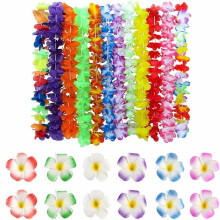 Flower Leis with Plumeria Flower Barrettes, Hawaiian Leis for Luau Party, Silk Flower Necklace Tropical Party Decorations, Beach Party Decor Reusable