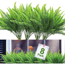 Faux Ferns for Outdoor Planter, Non-Fading Flexible Stems Artificial Greenery for Garden Decoration (8 Pcs)