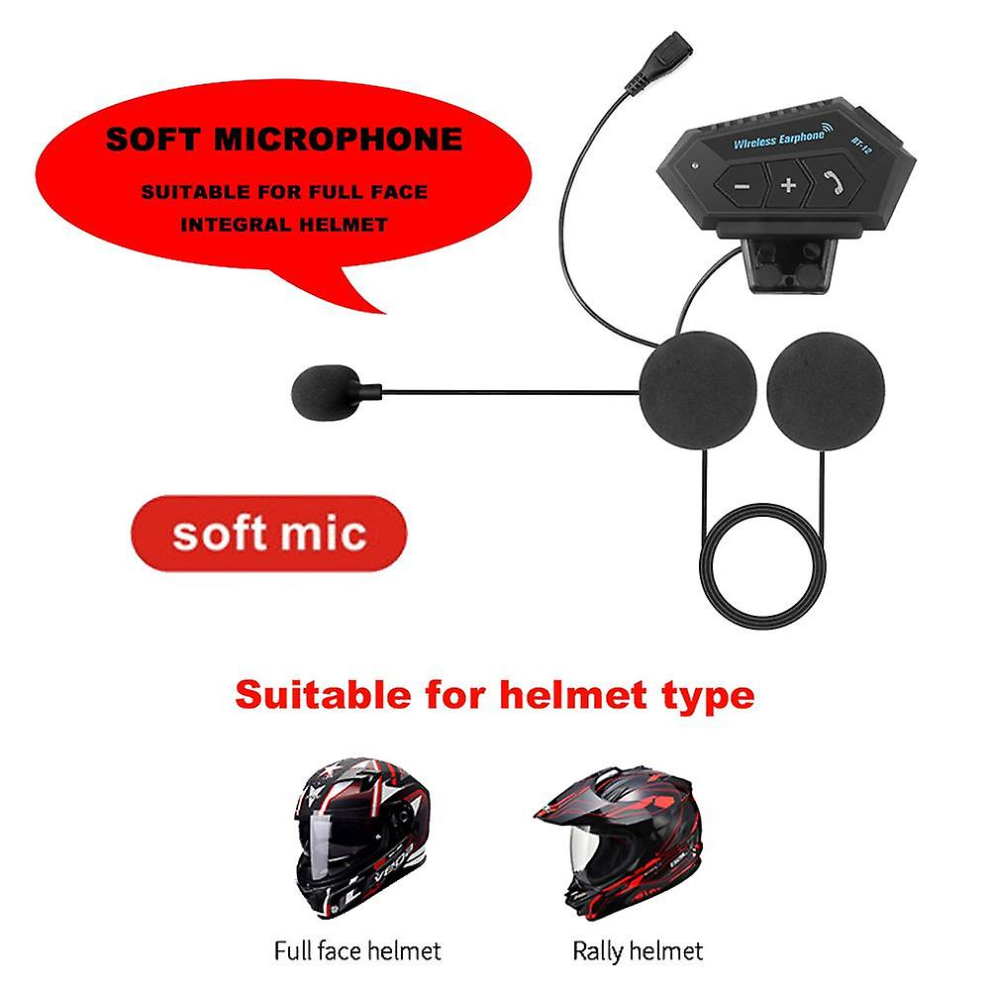 (Soft Mic)Bt12 Moto Helmet Headset Bluetooth Headphones Music Share Noise Cancel Hands Free Bt V4.2 Earphone Handsfree With Microphone Compat 7057162472254