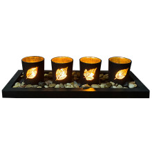 Wooden Candle Holder Tray With Decorative Pebbles And Glass Tea Light Cups Elegant Home Centerpiece For Holiday Party Wedding Decoration Warm Atmosphe