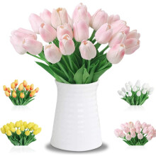 10 stk. naturtro kunstige tulipaner, ægte blomster til dekoration året rundt, 33,5 cm/13,2 tommer højde, ideelle til bryllupsbordpynt og