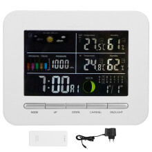 Kleuren-lcd-weerstation, draadloze binnen- en buitenthermometer met maanfase en dubbel alarm, eeuwigdurende kalender tot 2099.