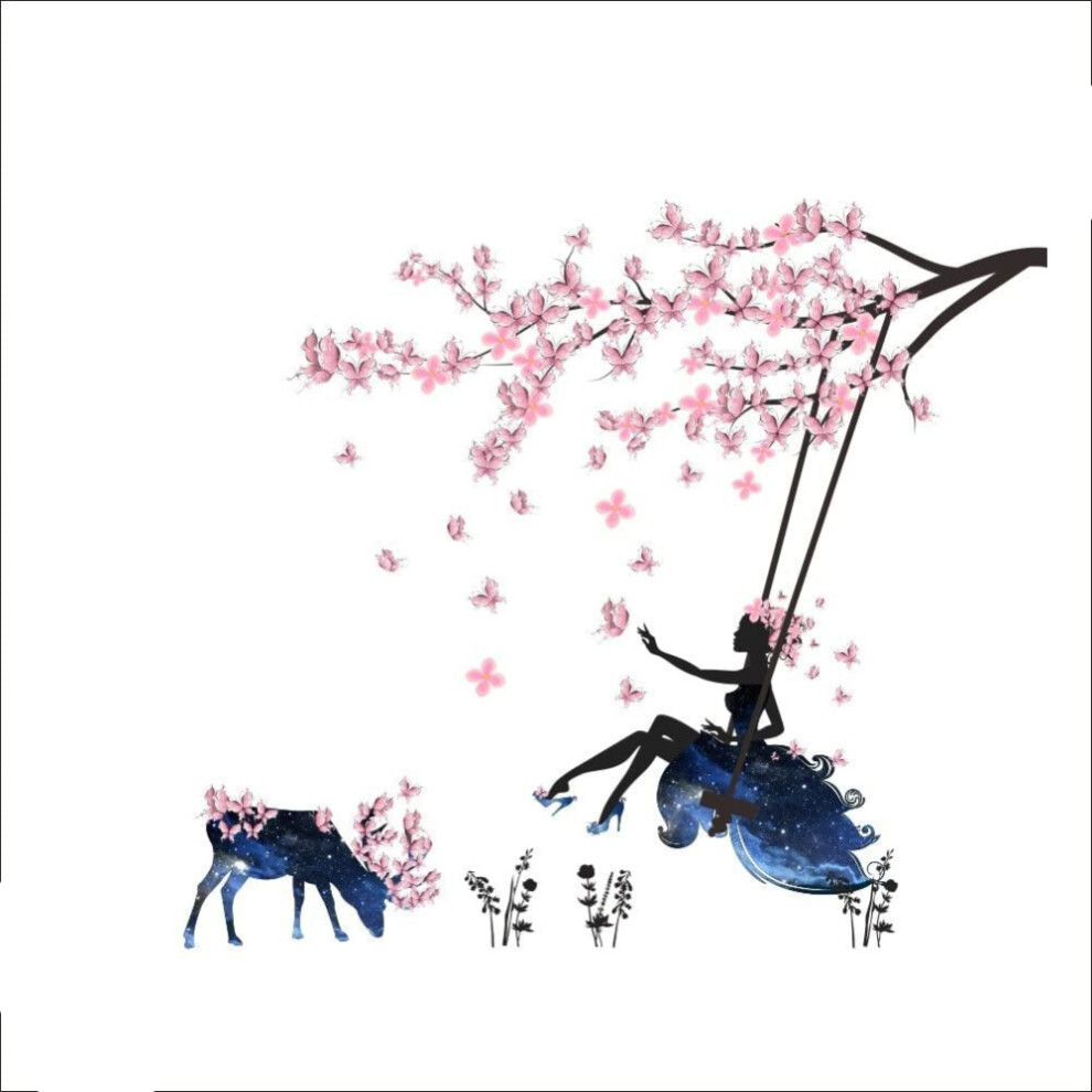 Charming Wall Decal, Girl On Tree Swing & Moose Silhouette, Removable Wall Art For Living Room Decor, Diy Vinyl Stickers, Butterflies For Girls R Pink