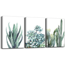 Quadro em tela com plantas verdes e flores de cactos suculentos. Design original, emoldurado e pronto para pendurar, ideal para decoração de casa.