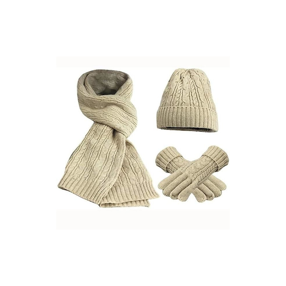 (Beige) Schal-Set WintermÃ¼Tze Schal Handschuhe Strickwaren Warmhaltende Schals Schlichte Einfarbige