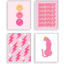 Boho poster, oningelijste canvasprint, wanddecoratie in preppy stijl met dieren in de natuur, felroze luipaardprint, digitale kunst, modern,