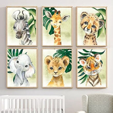 Arte mural educativo sobre animales, listo para enmarcar: láminas de arte mural de safari en colores suaves sobre fondo blanco, perfectas para