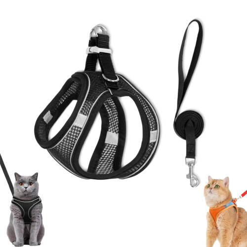 Cat Harness EscapeProof Adjustable Soft Mesh Vest Reflective Strips Black M Cat Walking Harness