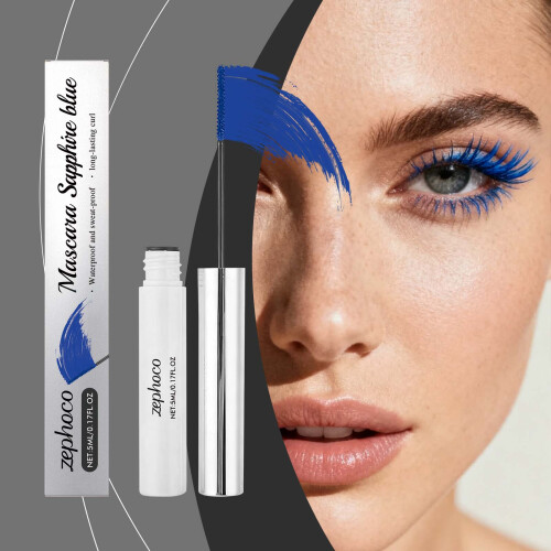 Blaue Wimperntusche, natürliche Locken, wischfest 1