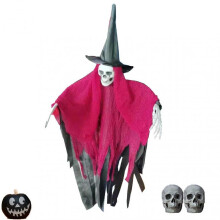 (Red) 2023 Halloween Hanging Skeleton Flying Ghost With Witch Hat Outdoor Decor Skull Decoration