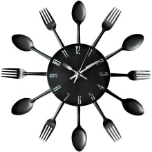Reloj de pared para cocina con diseño de cubiertos, superficie de espejo 3D y mecanismo silencioso a pilas para una sincronización perfecta.