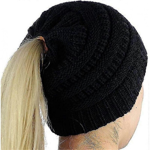 (Black) Ladies Knitted Winter Hat With Hole For Ponytail