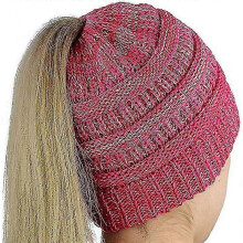 (Rose Red) Ladies Knitted Winter Hat With Hole For Ponytail