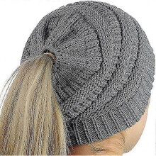 (Grey) Ladies Knitted Winter Hat With Hole For Ponytail