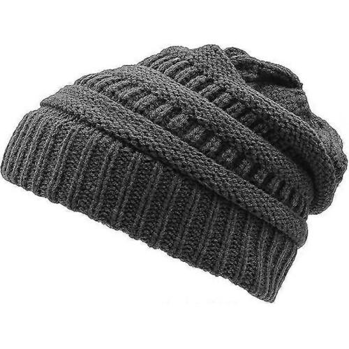 (Grey) Ladies Knitted Winter Hat With Hole For Ponytail 1