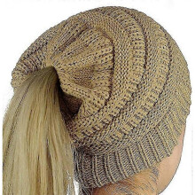 (Beige) Ladies Knitted Winter Hat With Hole For Ponytail