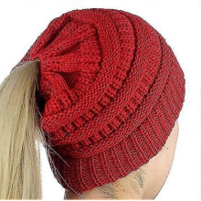 (Red) Ladies Knitted Winter Hat With Hole For Ponytail
