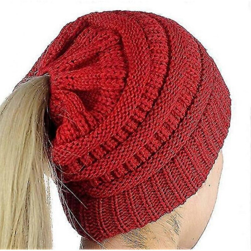 (Red) Ladies Knitted Winter Hat With Hole For Ponytail